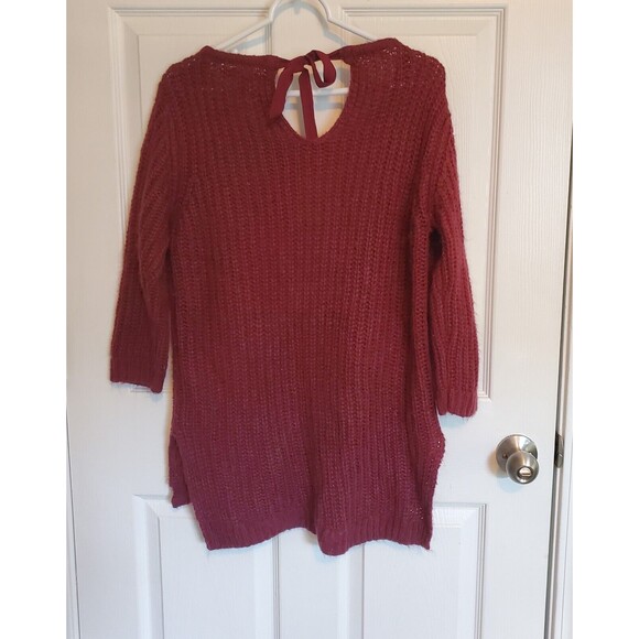 Lauren Conrad L Burgundy Split Hem Sweater Lace Trim Tie Back Neck - Picture 3 of 5